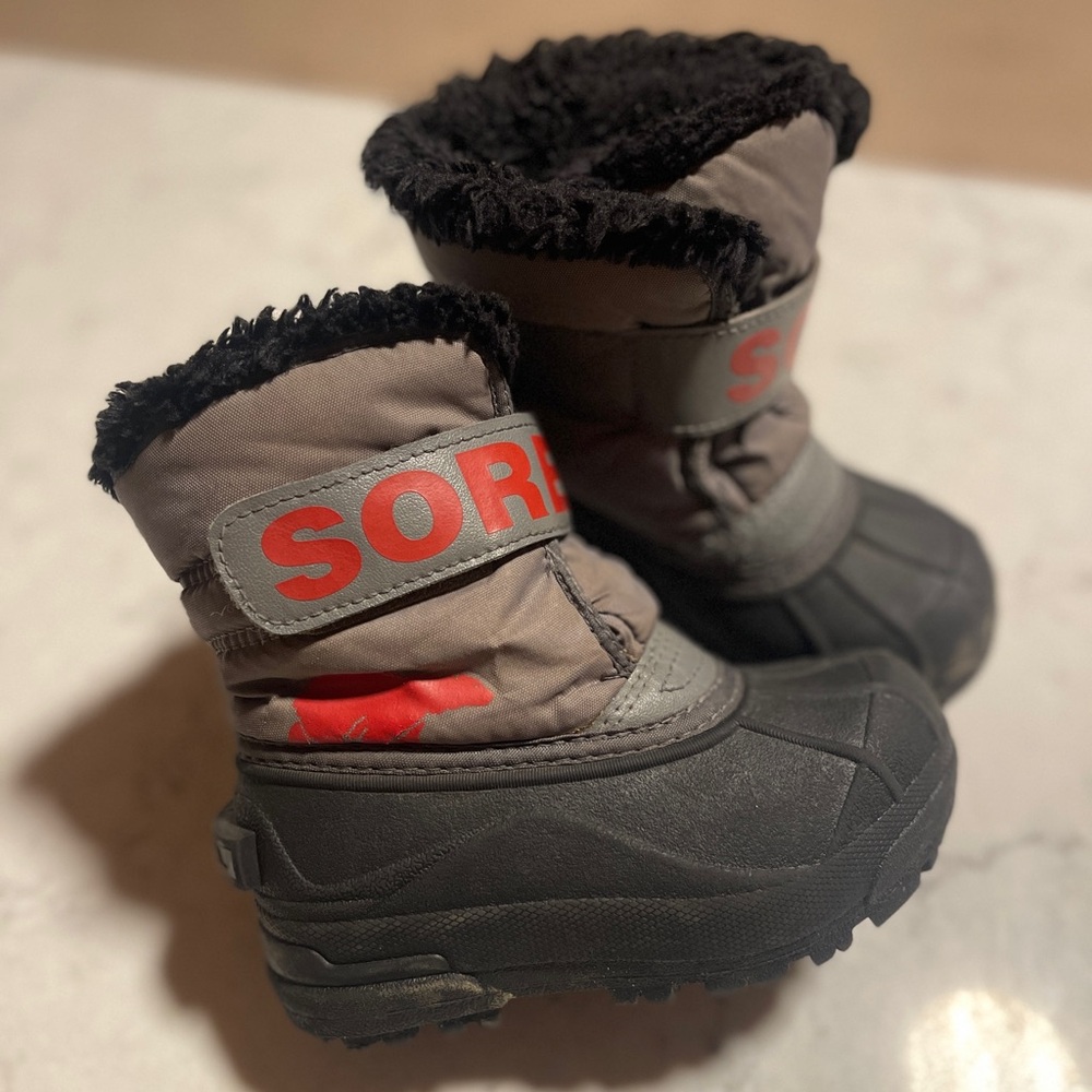 Sorel Kids' Black and Gray Snow Boots with Red Accents